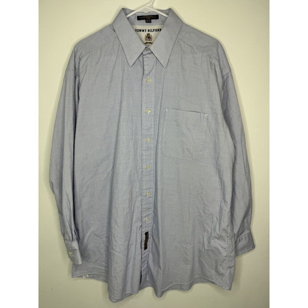 Vintage Tommy Hilfiger Blue White Button Long Sleeve Dress Shirt Mens 16.5/32-33 - Picture 1 of 13